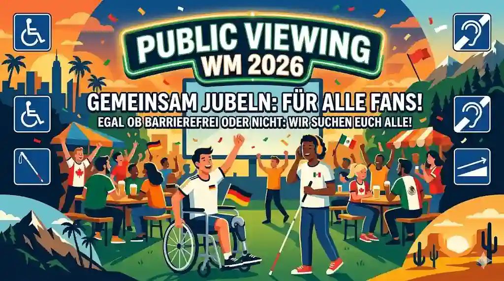 Farbenfrohe, inklusive Illustration einer lebendigen Public-Viewing-Fanmeile zur Fußball-WM 2026 vor einer großen Leinwand. Im Vordergrund jubeln diverse Fans gemeinsam, darunter ein Mann im Rollstuhl mit Deutschlandflagge und eine blinde Person mit Blind